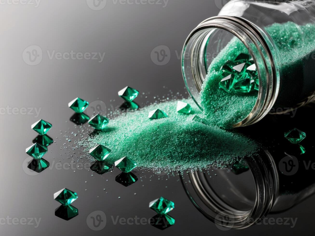 Shimmering green sugar crystals scattered from a jar on a dark surface. photo