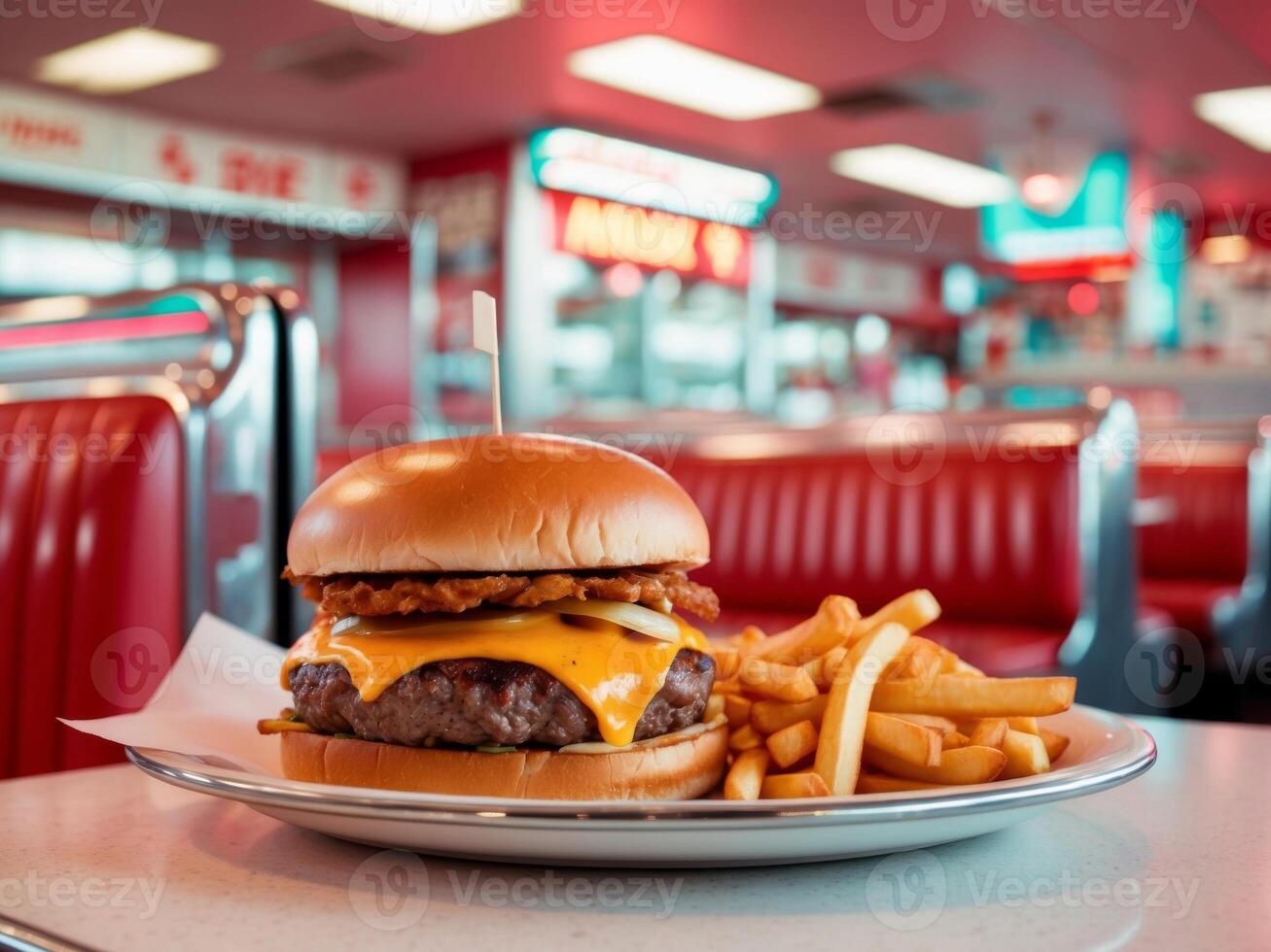 Vibrant retro fast food experience cheesy burger and fries in a classic diner setting. photo
