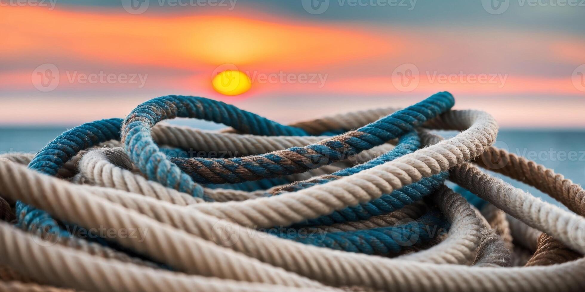Close up nautical ropes and their role in maritime transport at sunset. photo
