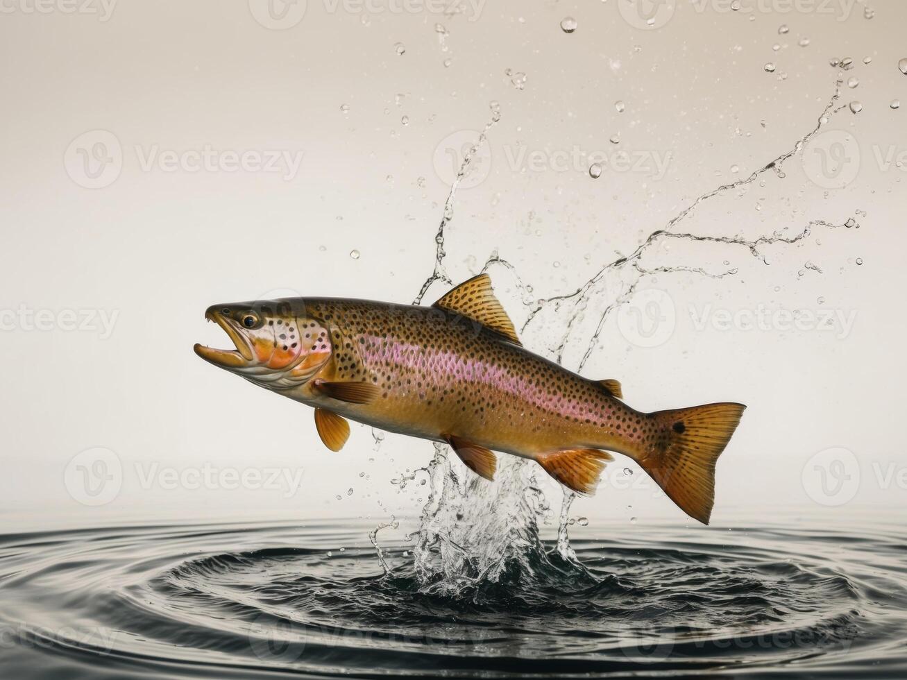 brown trout is jumping out of water with water splash. photo