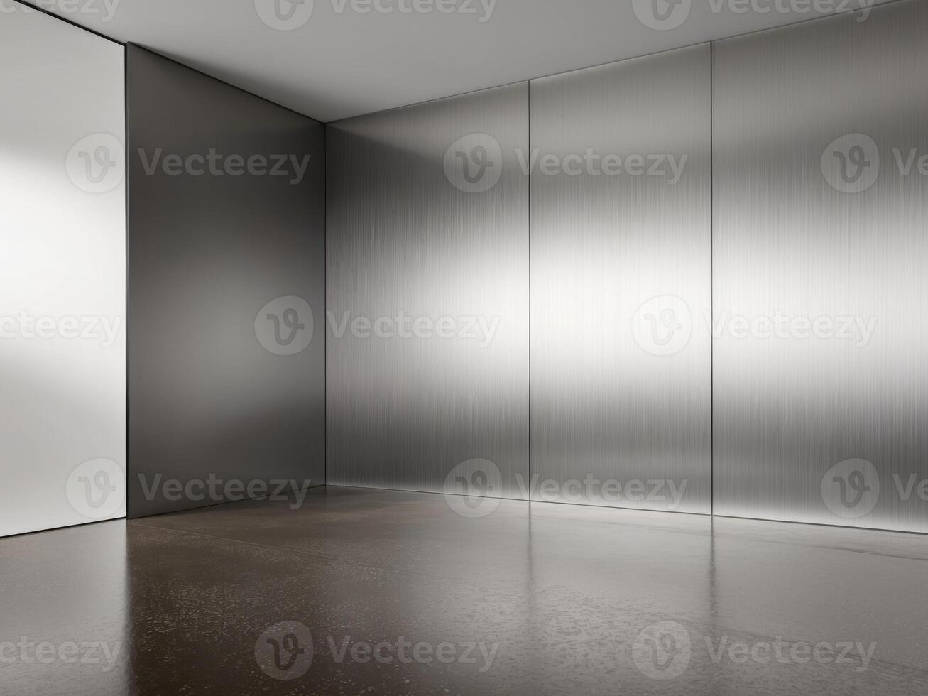 Reflective Brushed Metal Wall and Polished Concrete Floor Studio Background. photo