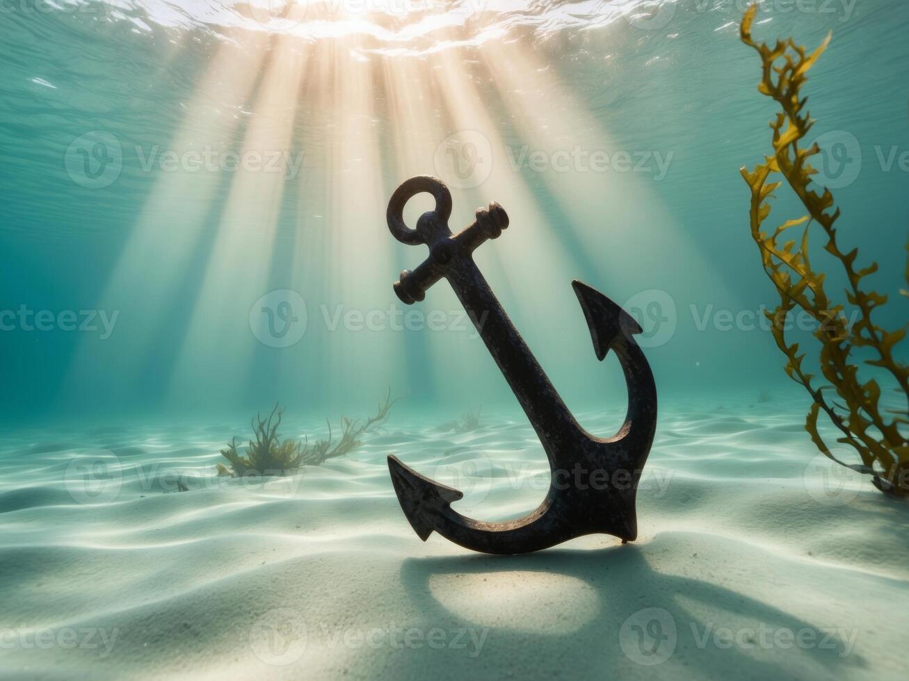 Mystical Underwater Anchor Resting on Ocean Floor with Sunlit Beams. photo