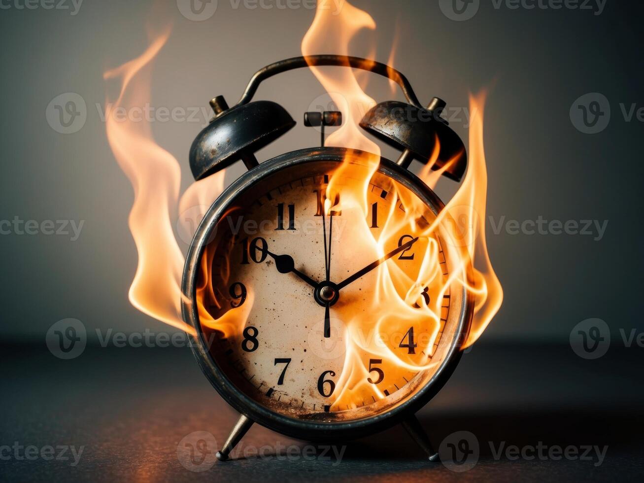 Old alarm clock with flames showing time passing quickly. photo