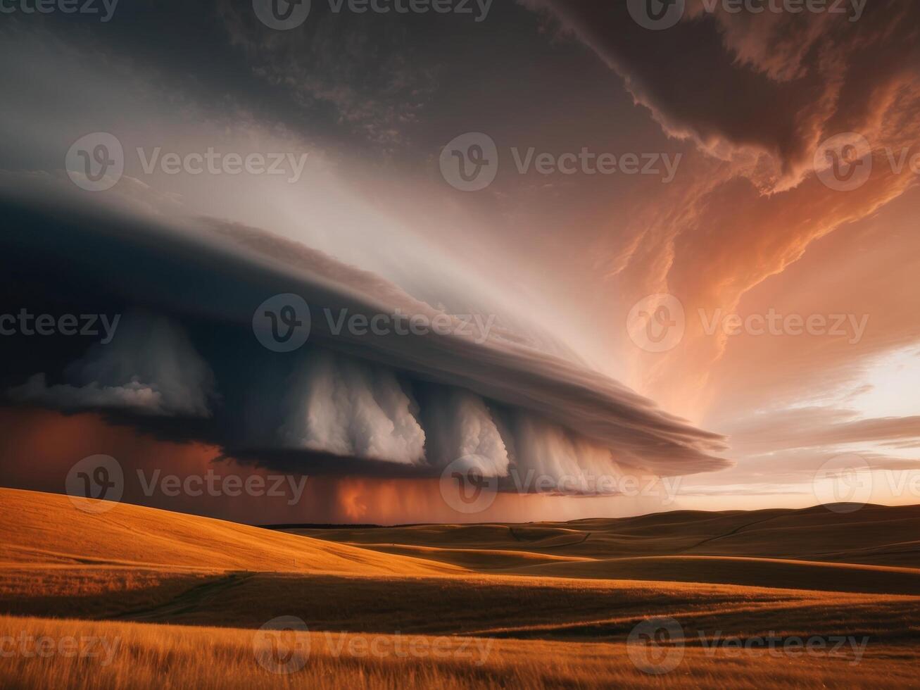 Dramatic Storm Clouds Rolling Over Golden Grasslands at Sunset. photo