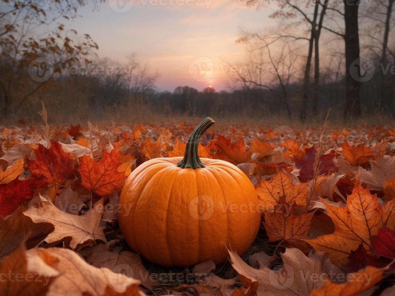 Serene Sunset Over a Pumpkin Patch with Glowing Orange Pumpkin Surrounded by Autumn Leaves and Soft Twilight Sky in Background. photo