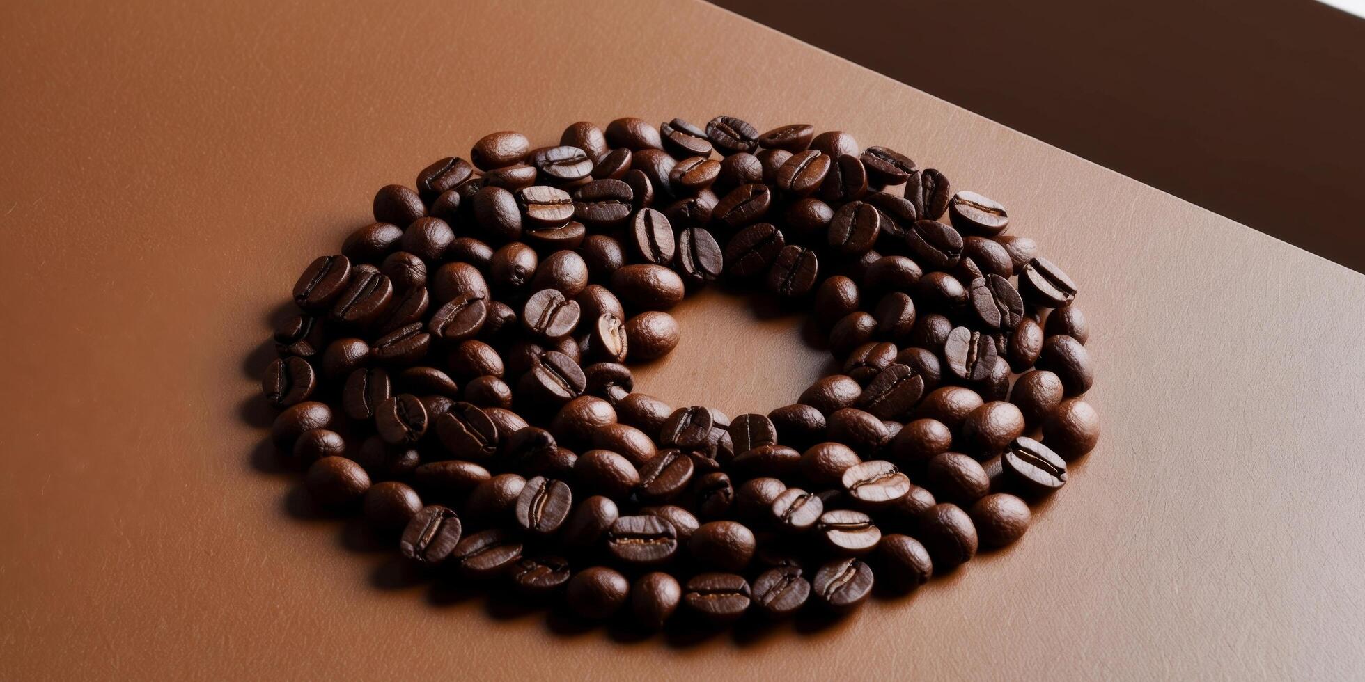 A spiral of coffee beans on a brown surface. photo