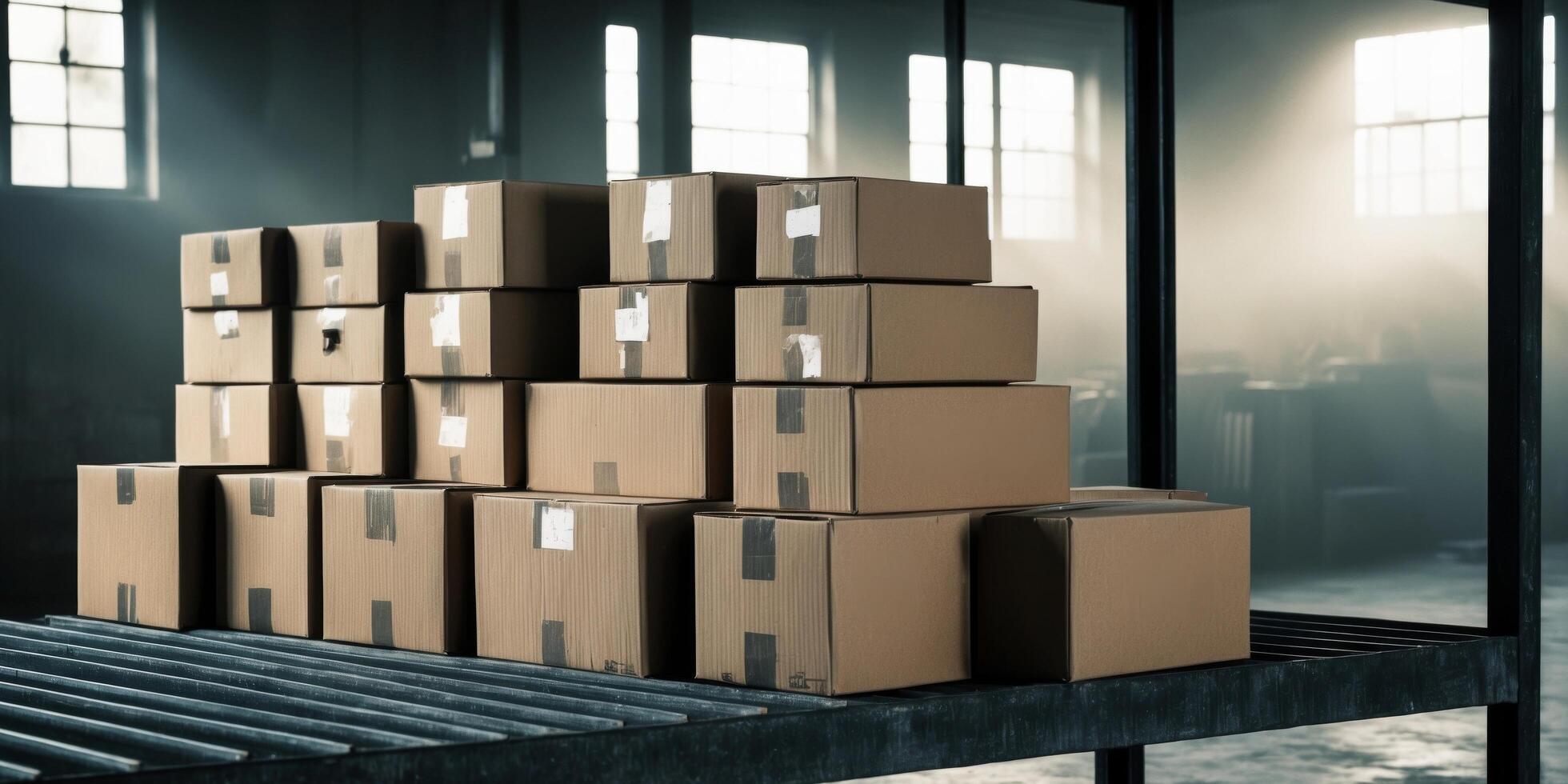 Stack of Cardboard Boxes on a Metal Shelf in a Warehouse. photo