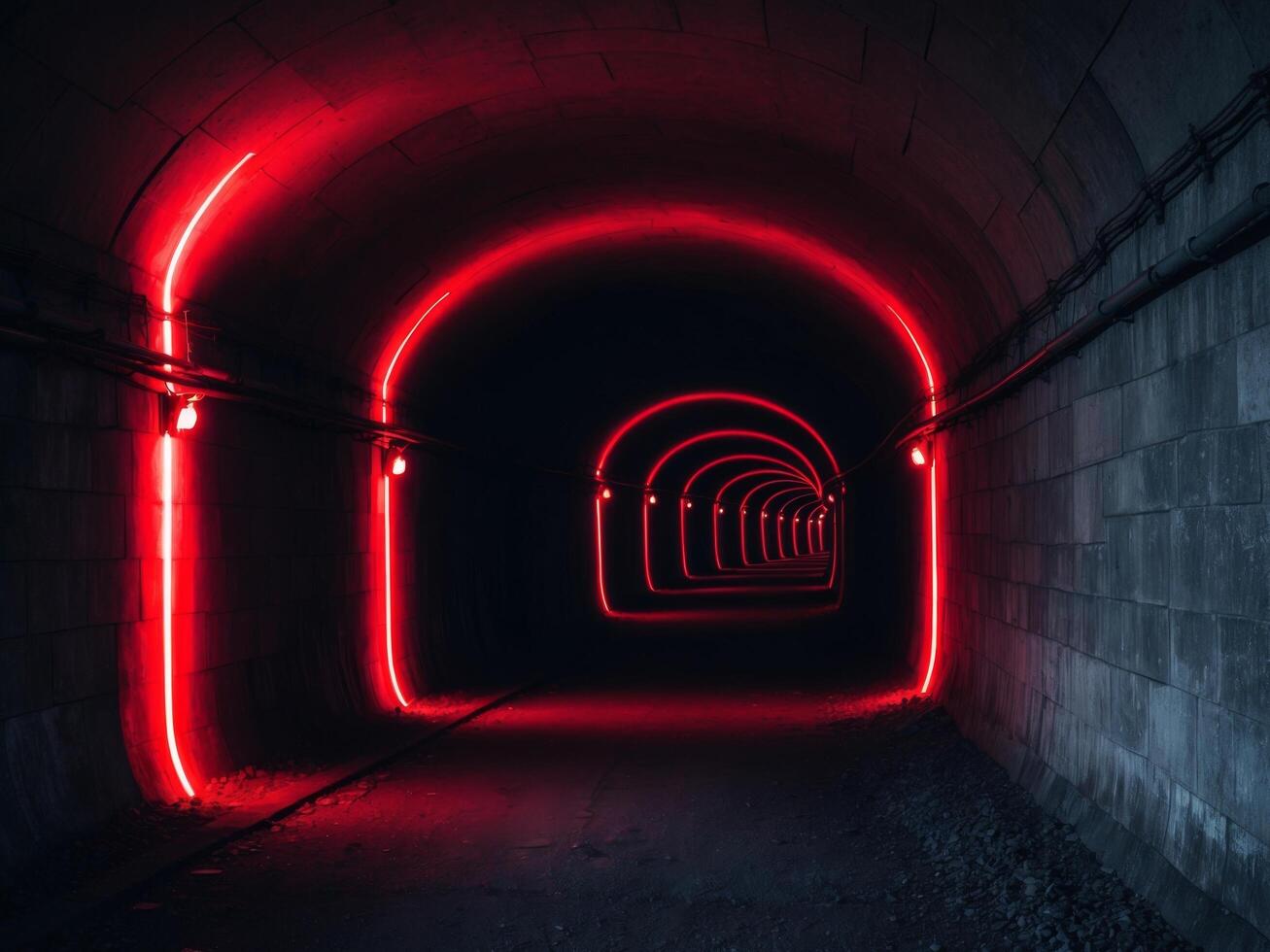Mysterious underground tunnel illuminated by striking red lights during the late night hours. photo