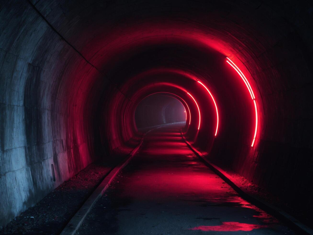 Mysterious underground tunnel illuminated by striking red lights during the late night hours. photo
