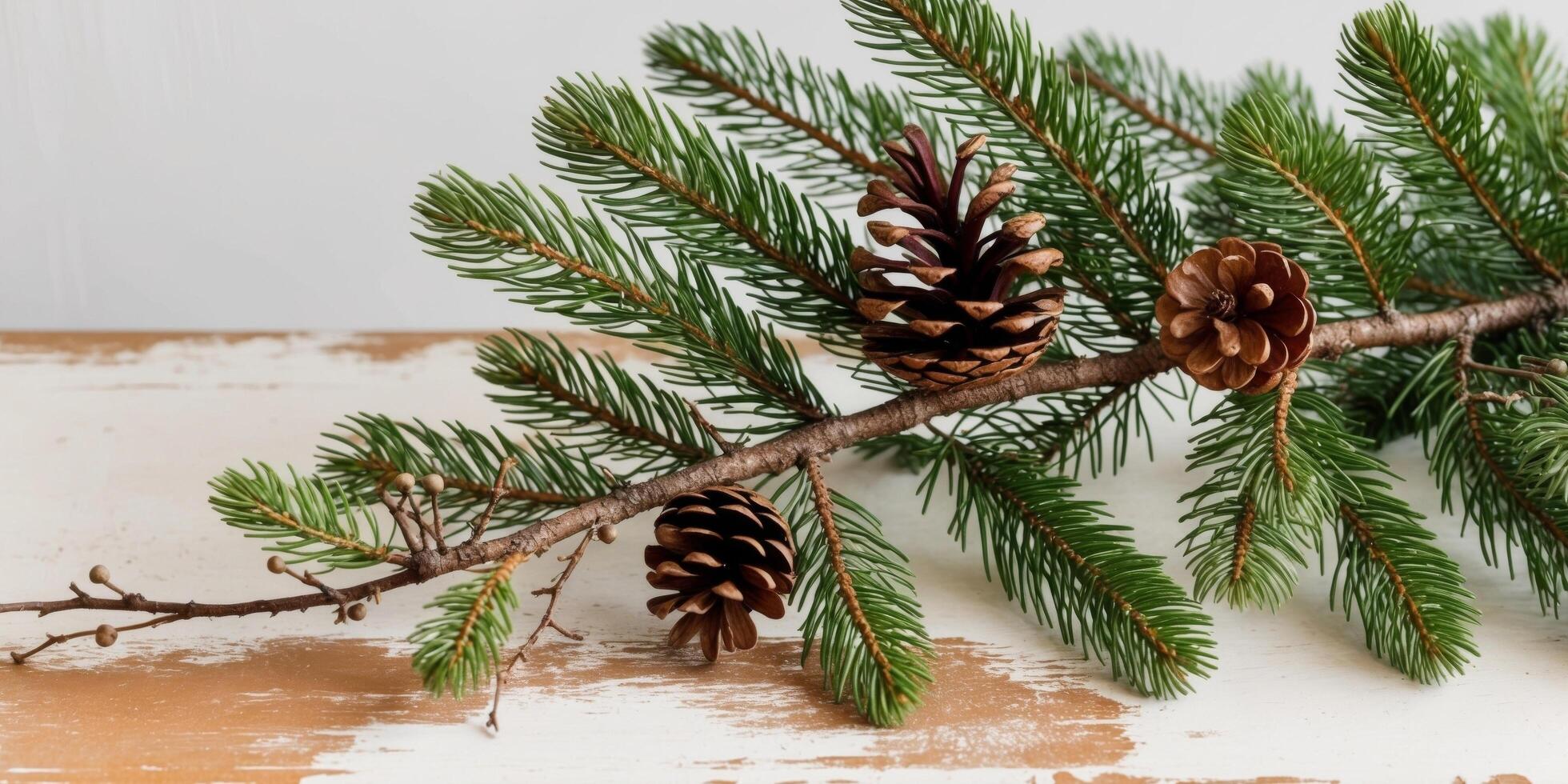 A pine tree branch with pine cones and twigs on a wooden surface. photo