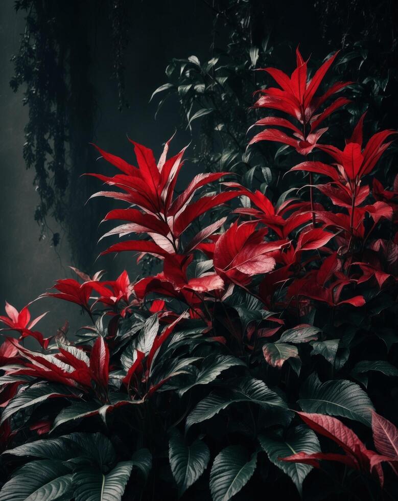 Dark and Moody Botanical Background with Red and Green Leaves. photo