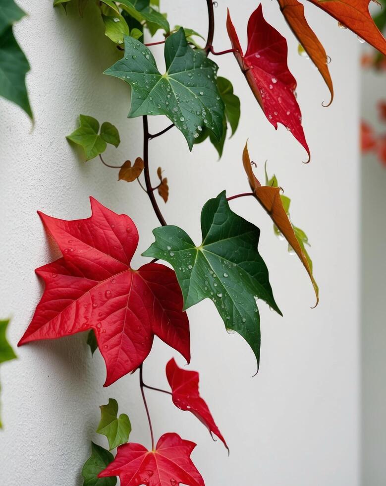Vibrant Red and Green Leaves of Ivy Climbing Plant Displaying Fall Foliage. photo