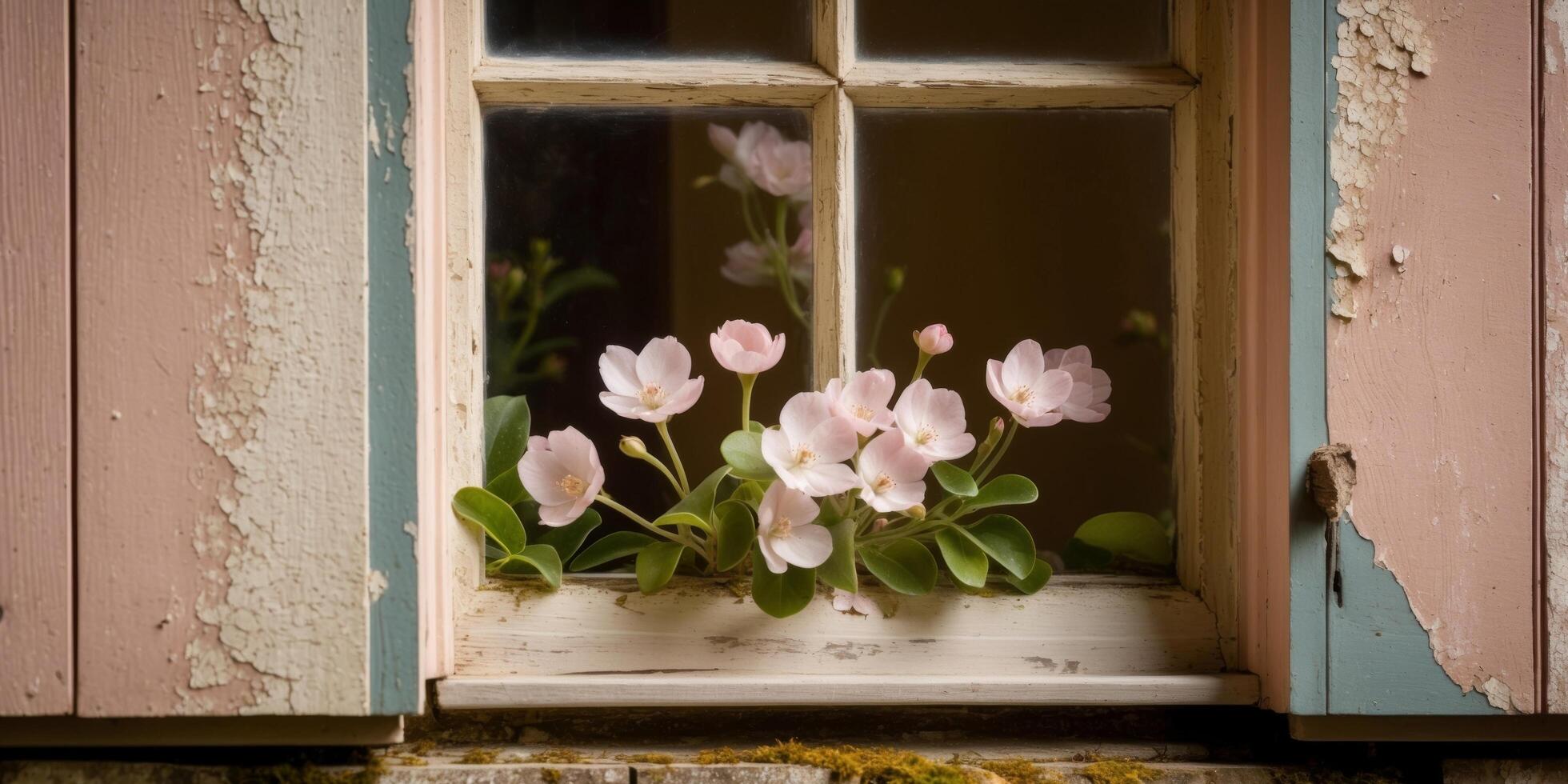 Pink flowers blooming under a rustic window in a country house facade. photo