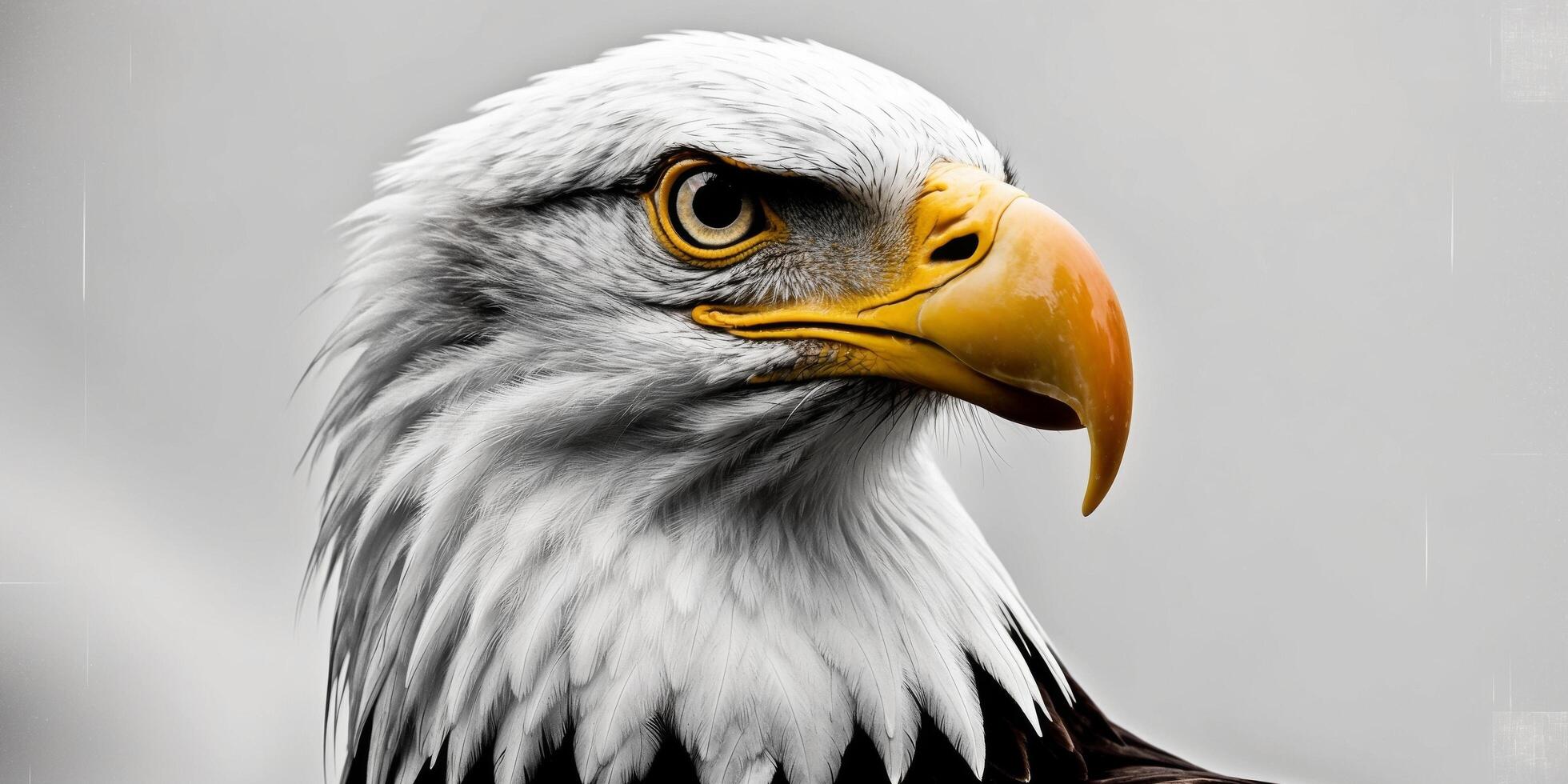 A close up of an eagle's face with yellow beak. photo