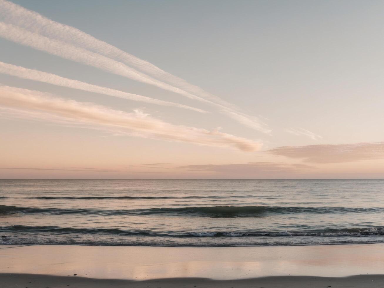 Serene Beach Sunset Calm Ocean Waves Gentle Sky Clouds Pebbles. photo