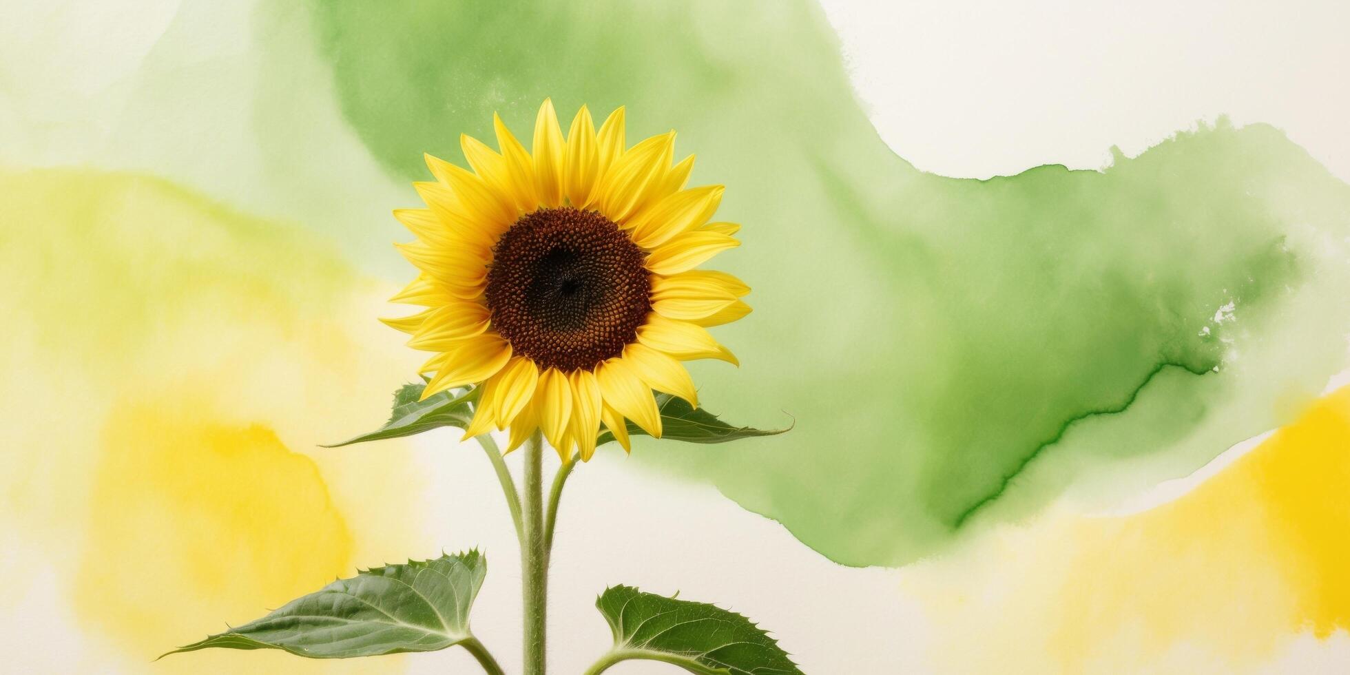 Single Sunflower on a Green and Yellow Watercolor Background. photo