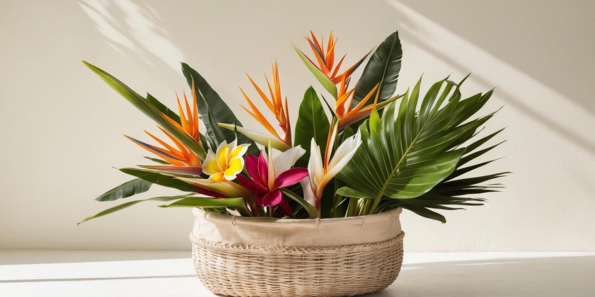 Tropical Flowers in a Rustic Wicker Basket with a Vintage Summer Aesthetic. photo