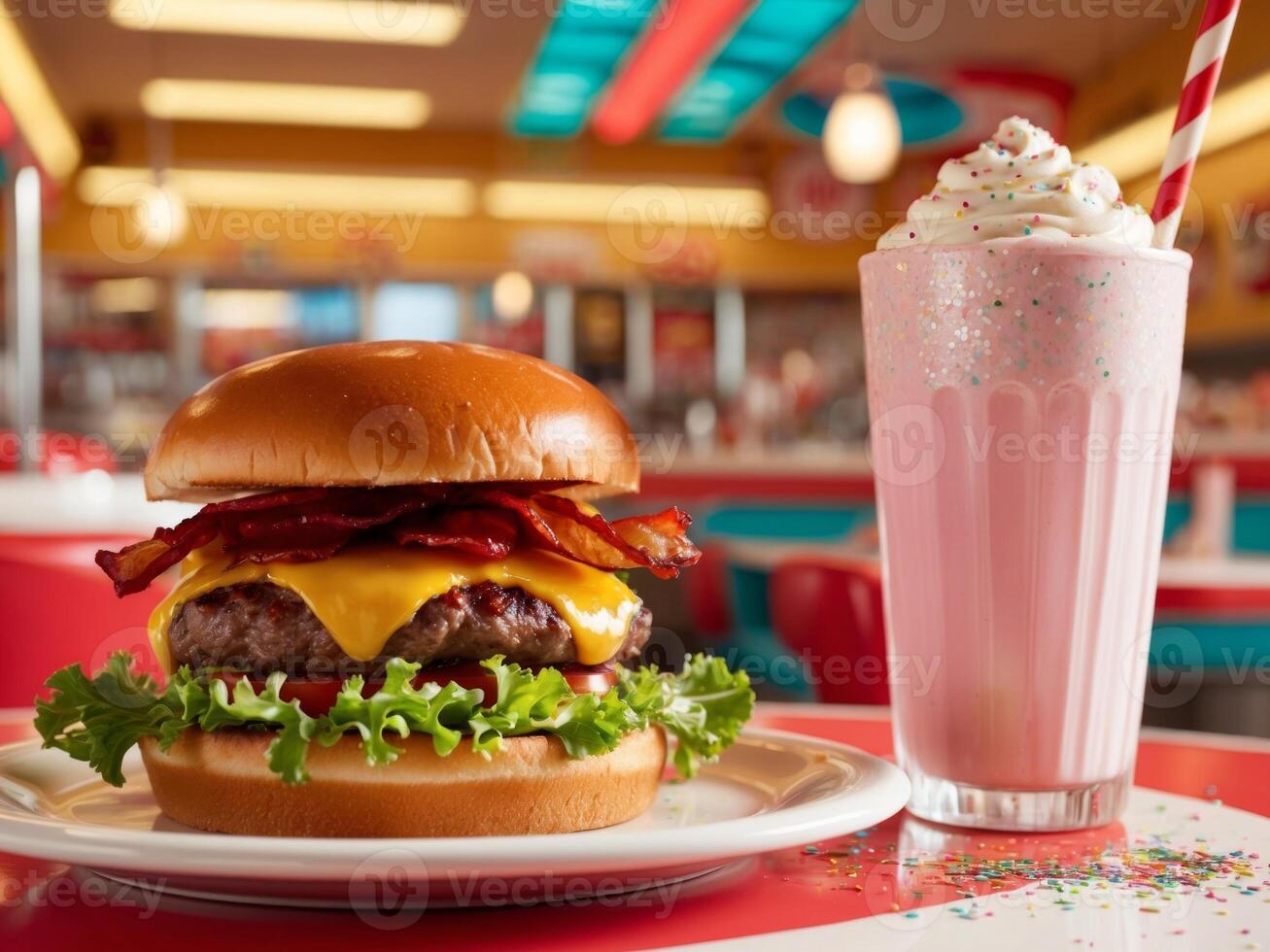 Retro fast food delight vibrant burger and milkshake experience in a colorful diner setting. photo