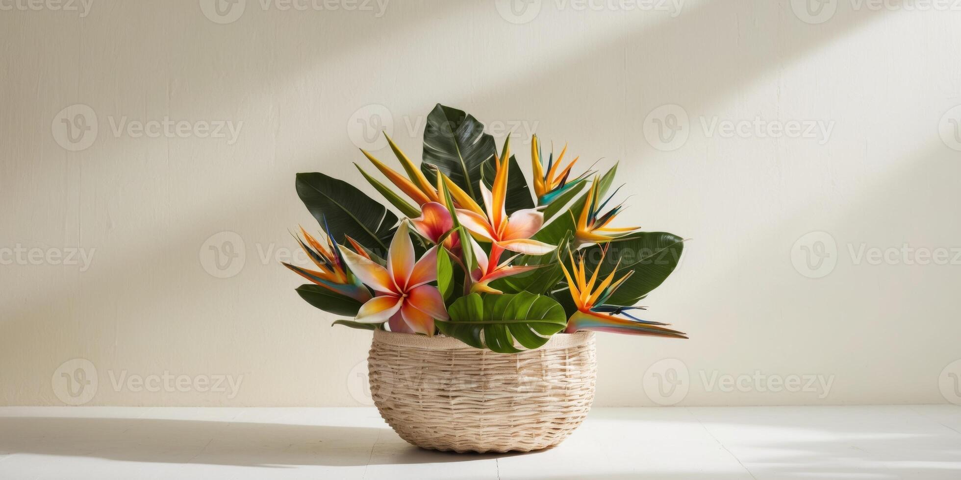 Tropical Flowers in a Rustic Wicker Basket with a Vintage Summer Aesthetic. photo
