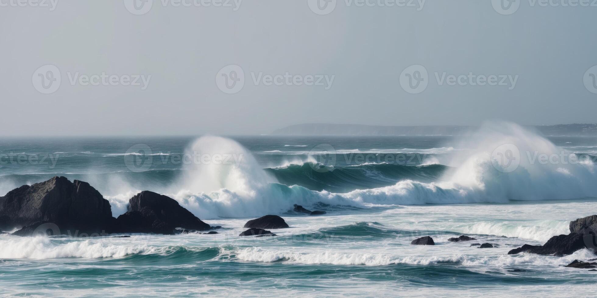 Rugged coastline with crashing waves scenic ocean views. photo