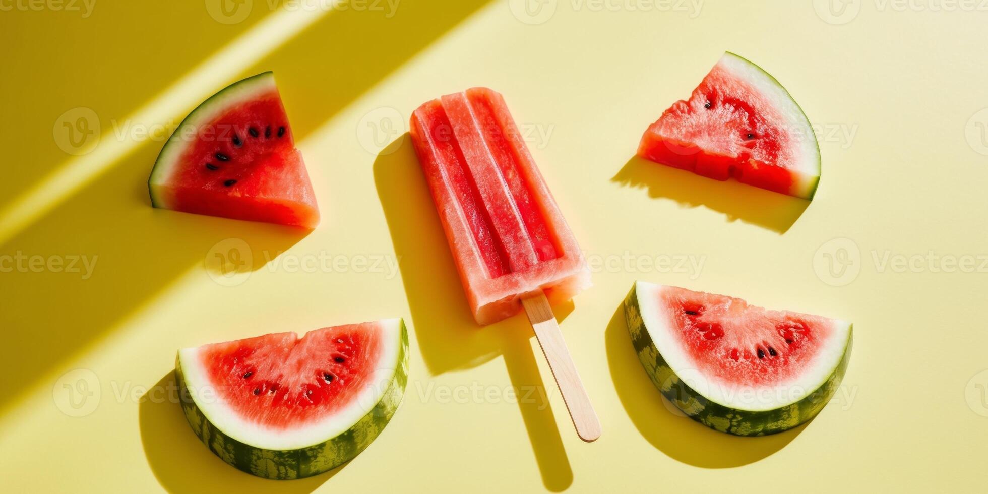 Watermelon Ice Pop Surrounded by Watermelon Slices on Yellow Background. photo