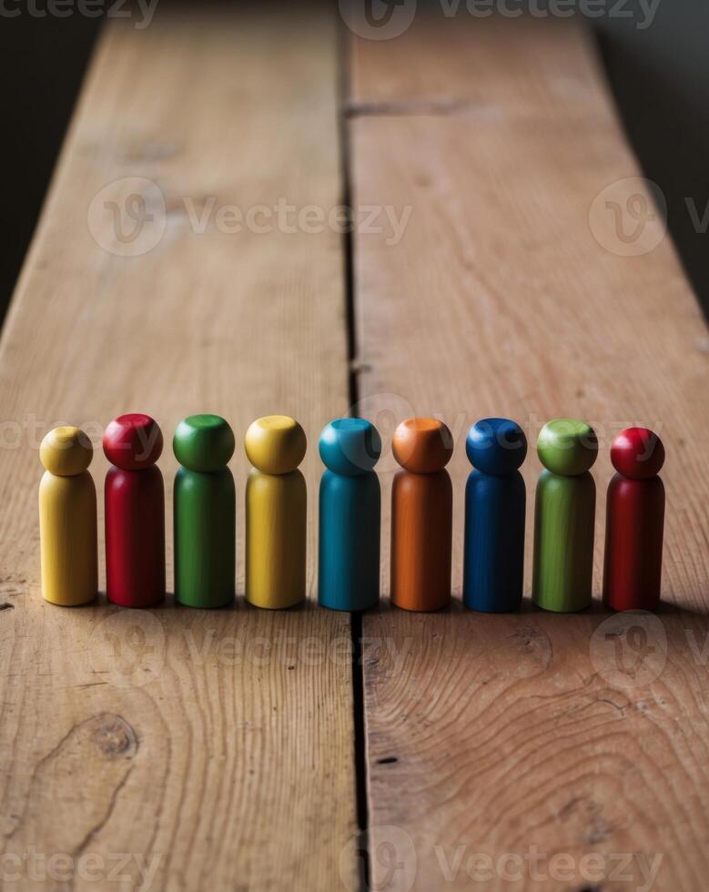 Row of Colorful Wooden Figurines on Wooden Surface. photo