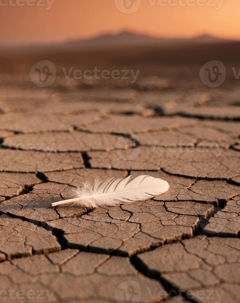 Feather resting on cracked earth during sunset in a desolate landscape showcasing nature's beauty and resilience. photo