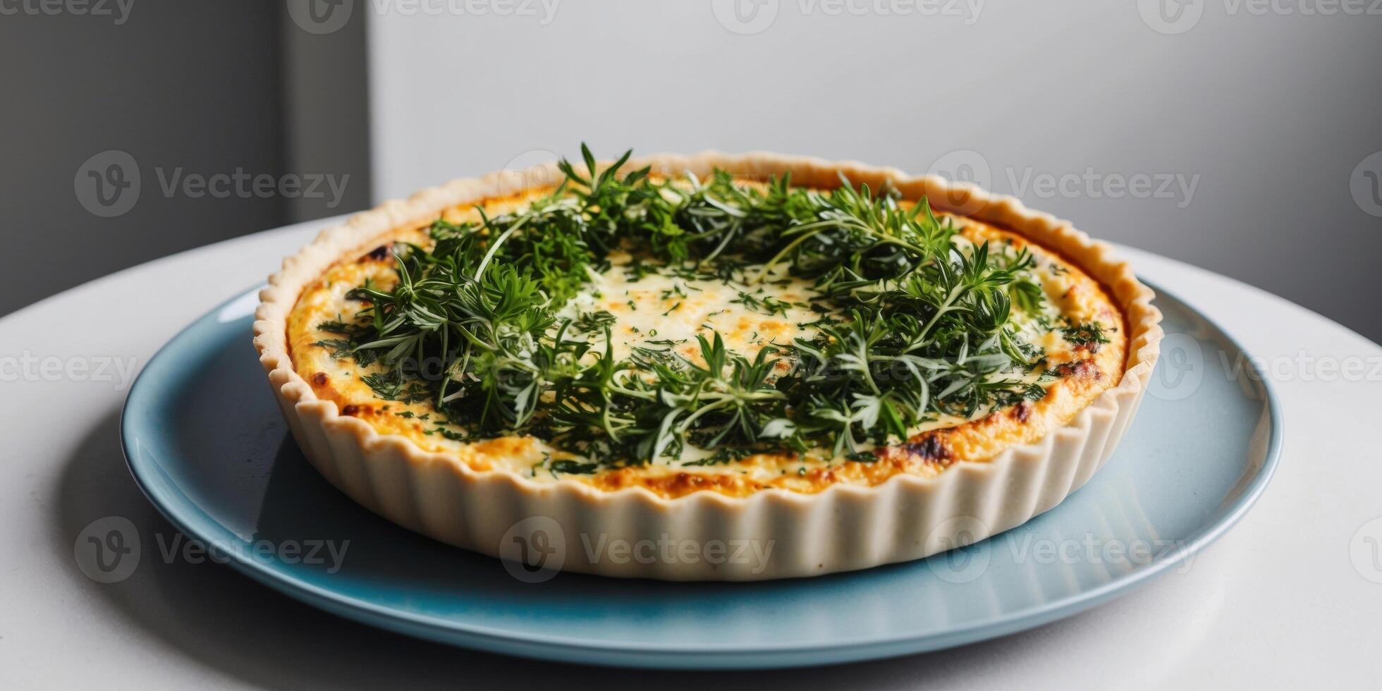 A freshly baked quiche with a golden crust and a generous topping of fresh herbs sits on a blue plate. photo