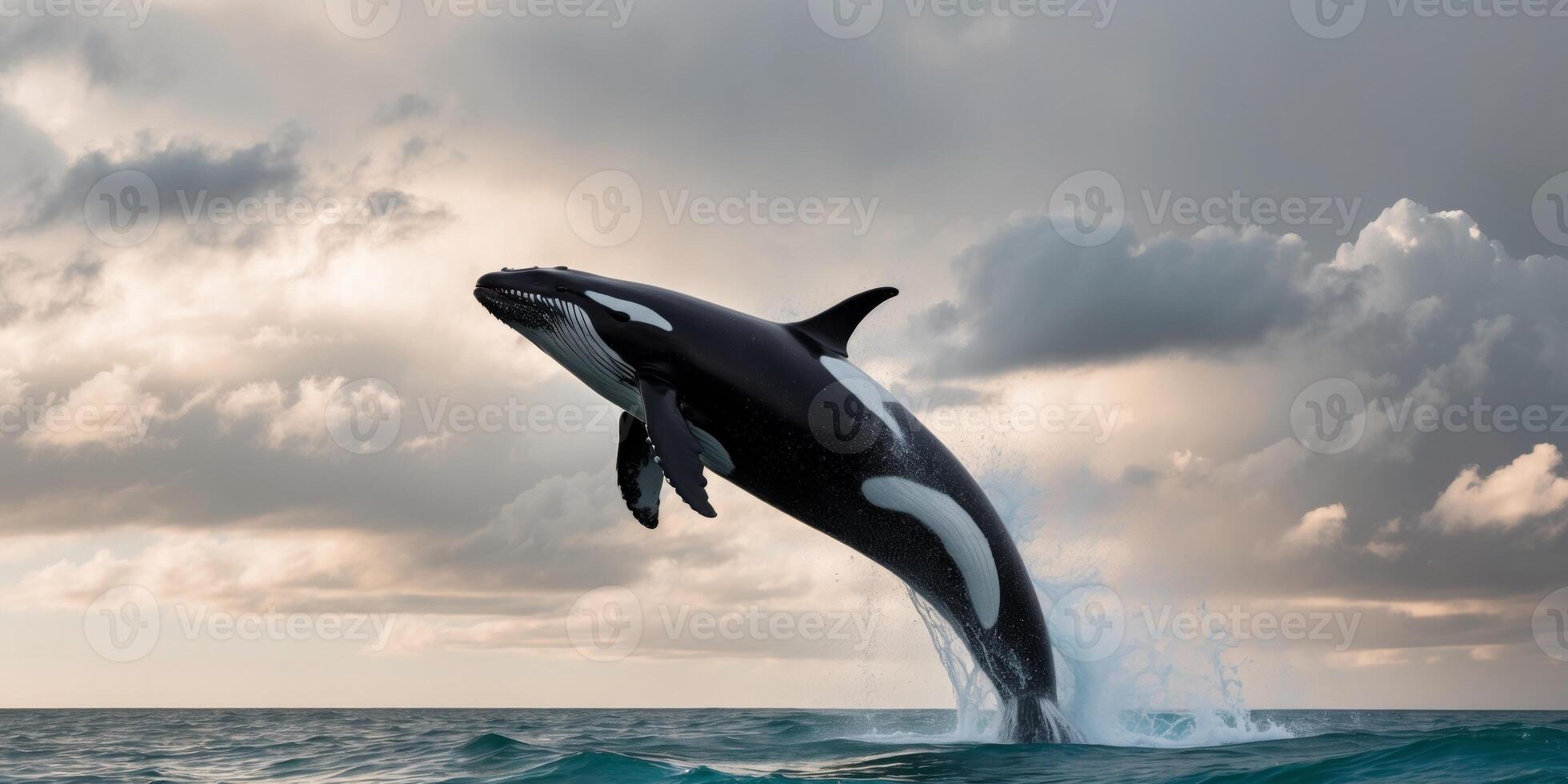 Orca Whale Leaping from the Ocean with Dramatic Cloudy Sky. photo