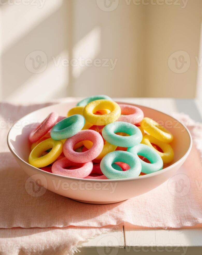Colorful Candy Rings in a Bowl Ready for Snacking at a Cheerful Gathering During the Afternoon. photo
