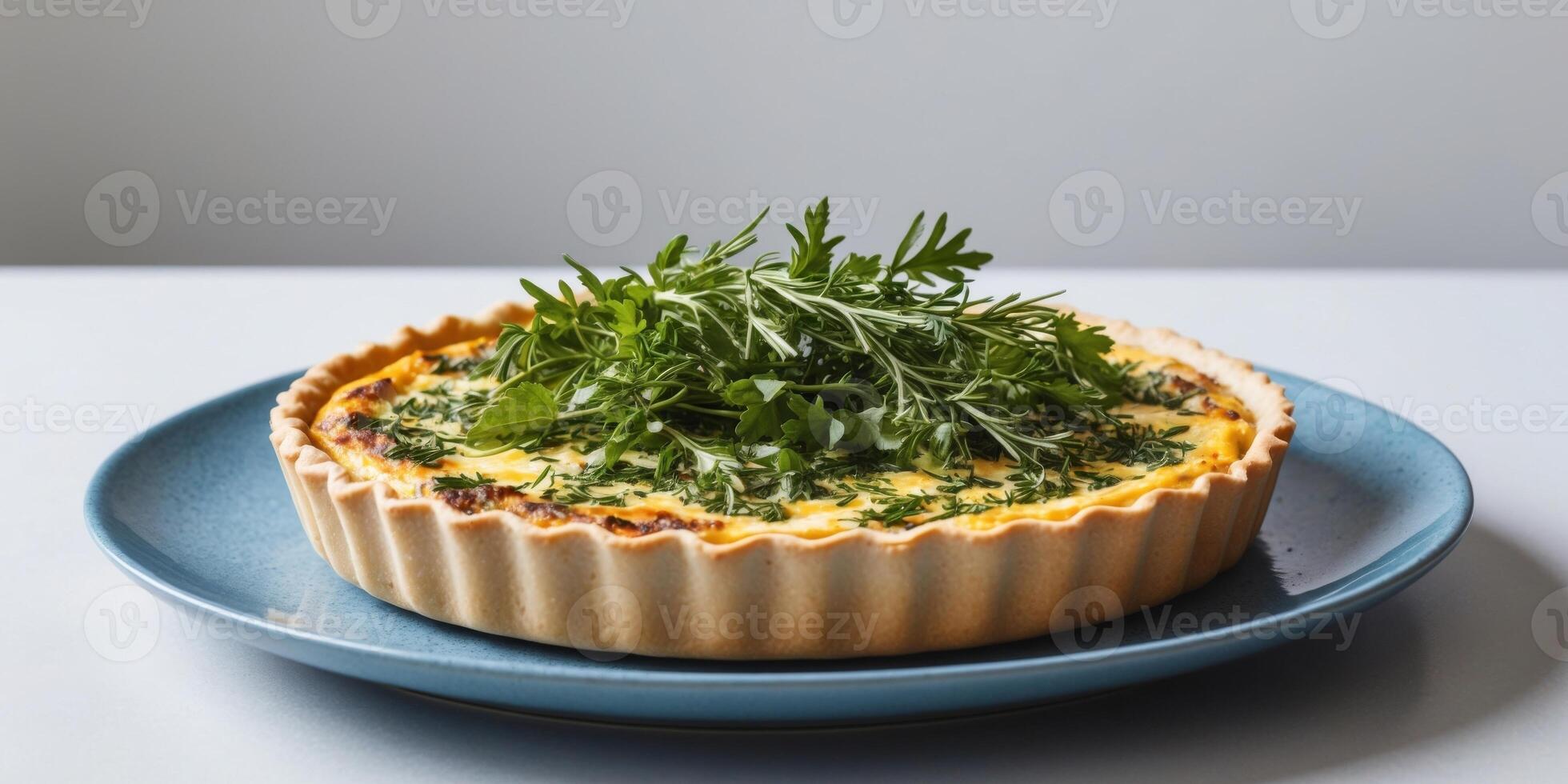 A freshly baked quiche with a golden crust and a generous topping of fresh herbs sits on a blue plate. photo