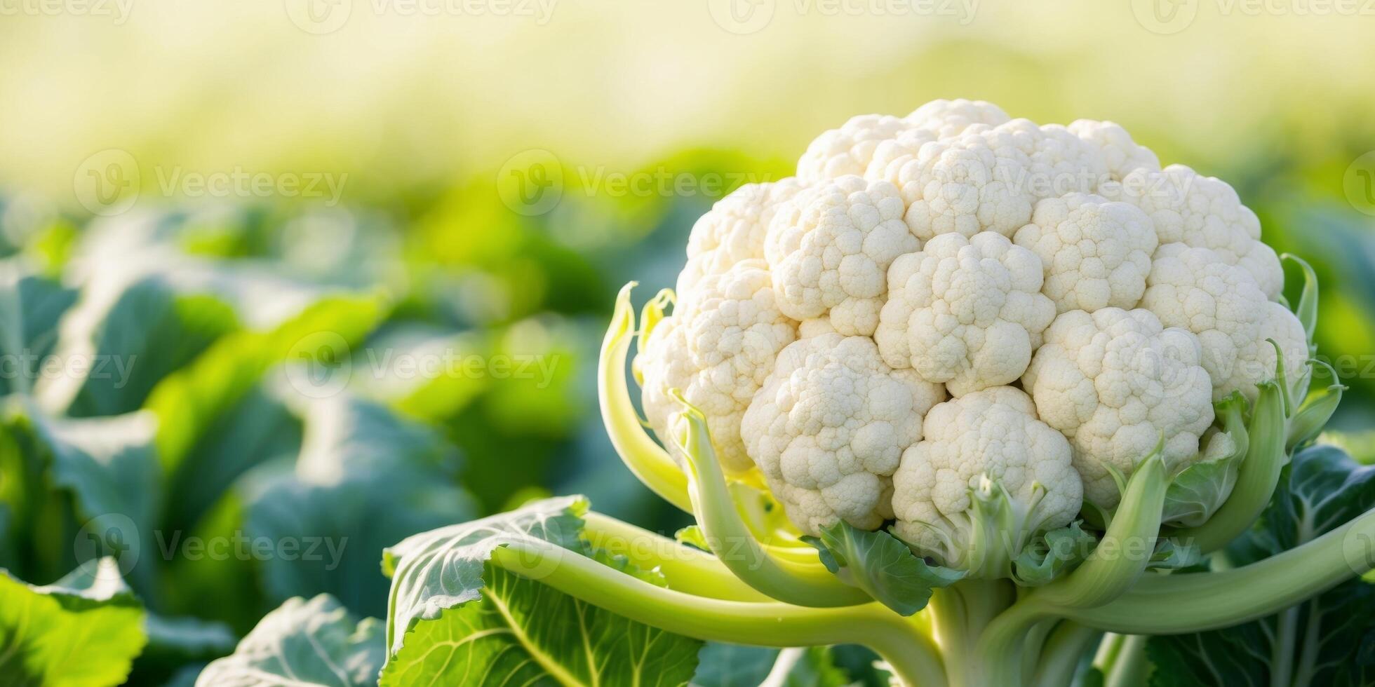 A close up of a head of cauliflower growing in a field. photo