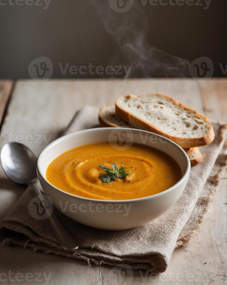 Steaming Butternut Squash Soup Served with Rustic Bread. photo