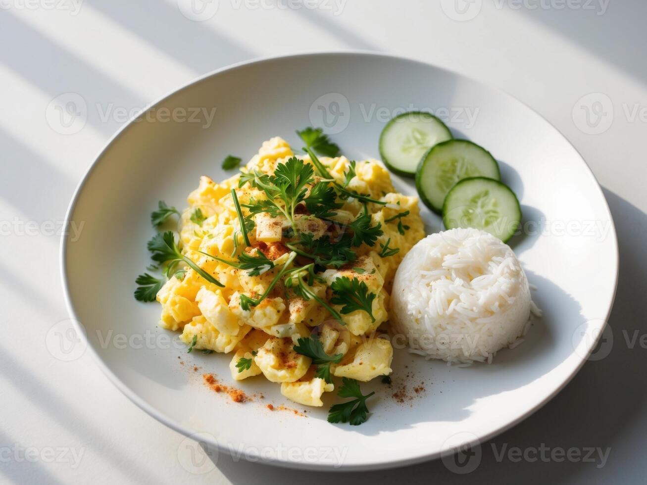 Scrambled eggs topped with herbs and spices served with rice and cucumber slices. photo