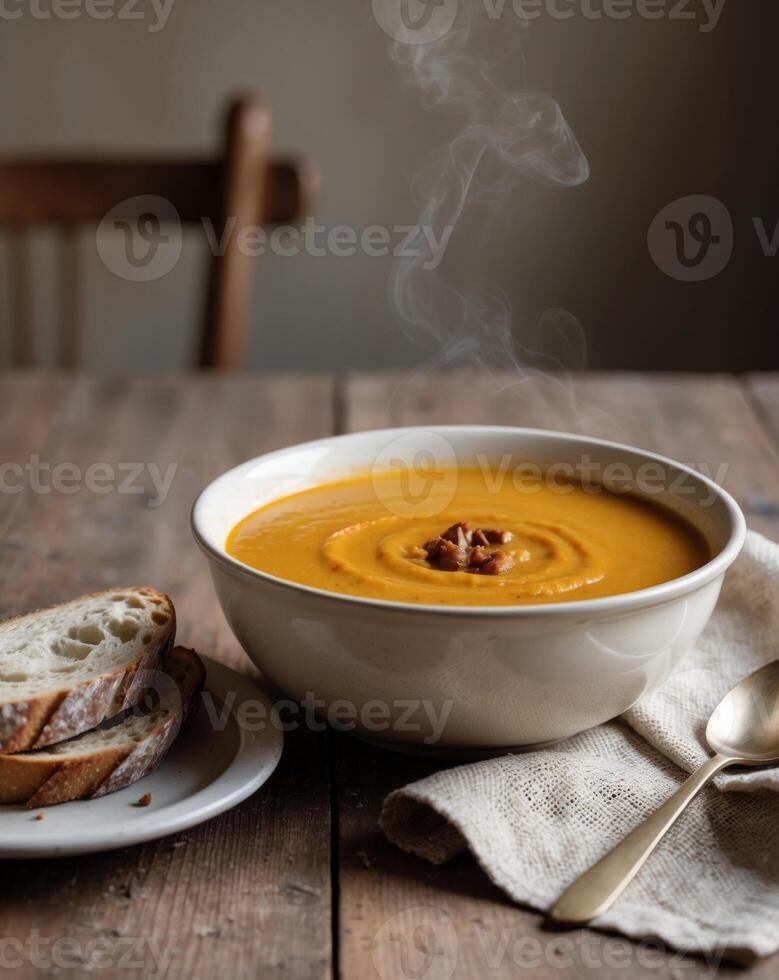 Steaming Butternut Squash Soup Served with Rustic Bread. photo
