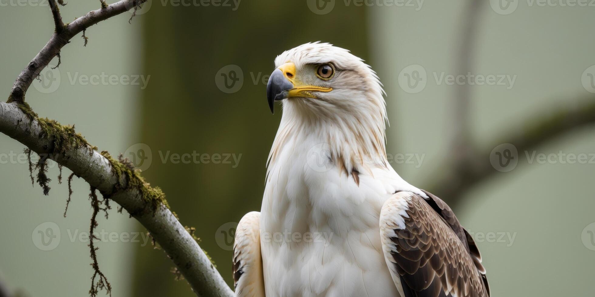 A close up of an eagle perched on a tree branch. photo