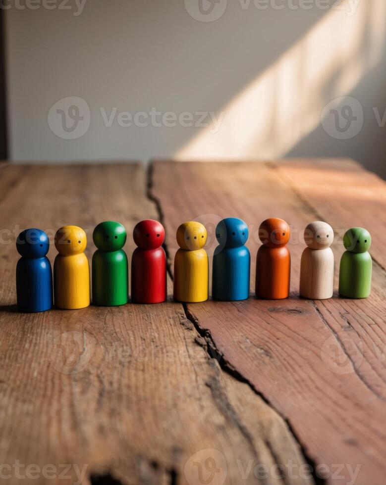 Row of Colorful Wooden Figurines on Wooden Surface. photo