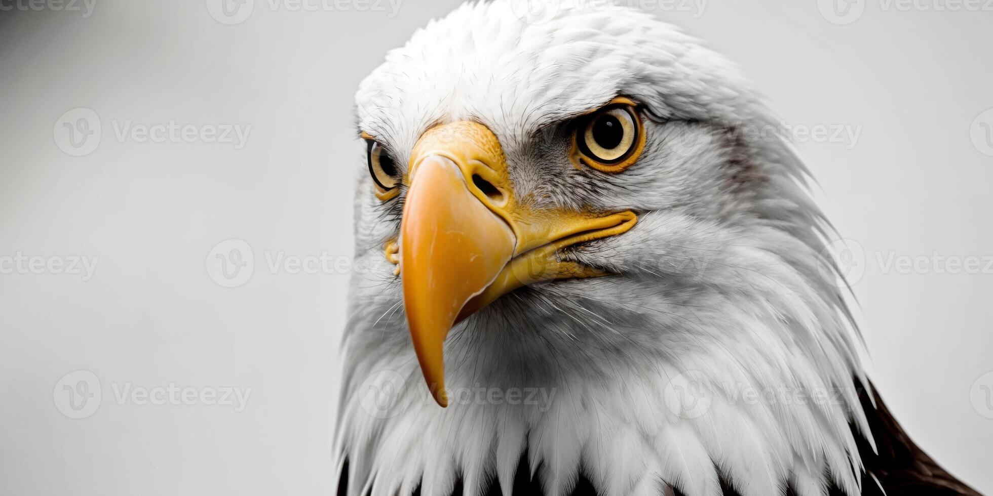 A close up of an eagle's face with yellow beak. photo