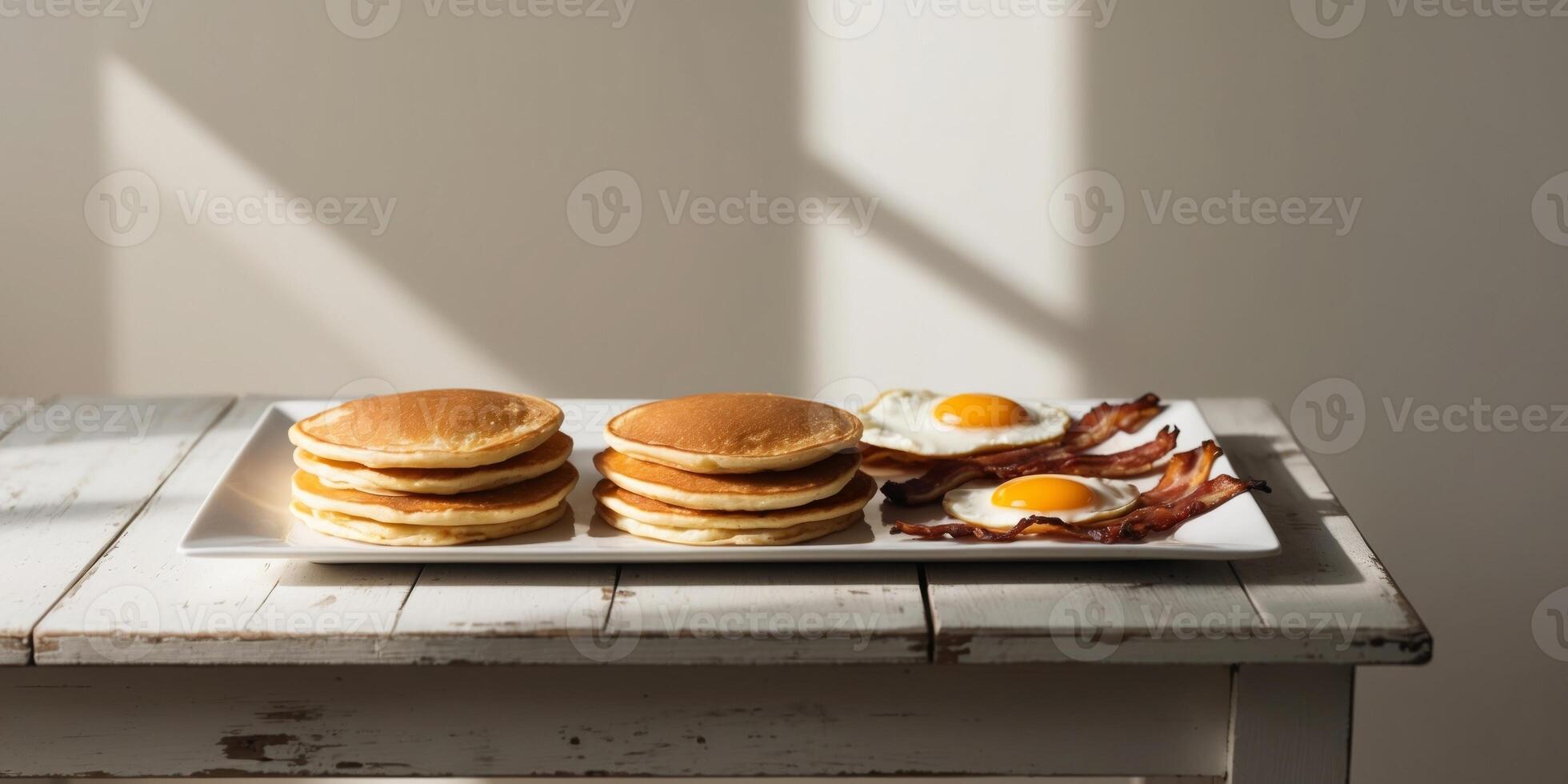Delicious breakfast spread featuring pancakes with bacon and eggs served on a wooden table. photo