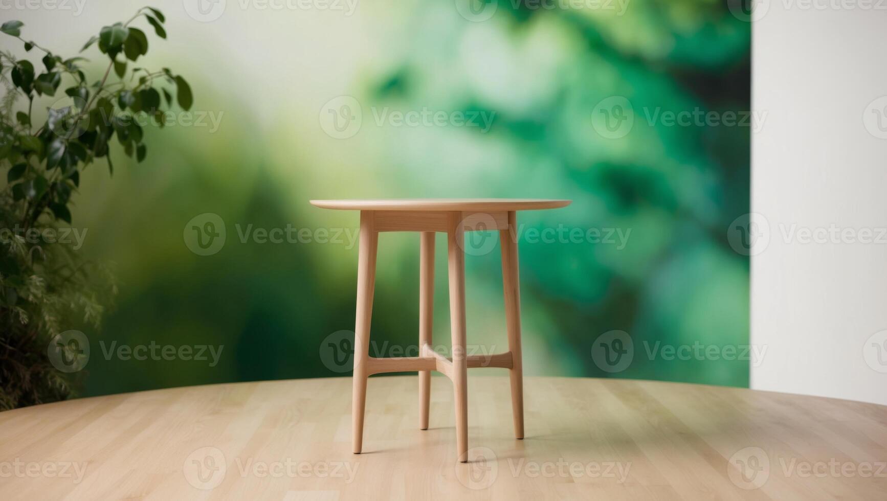Wooden Table with Blurred Green Nature Background for Product Display. photo