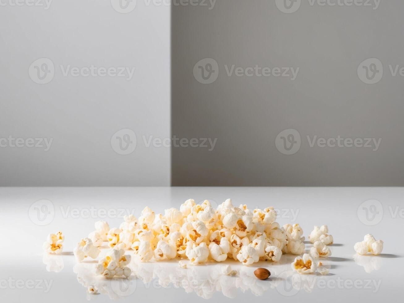 Freshly popped popcorn scattered on a bright surface with kernels nearby. photo