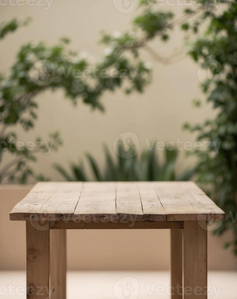 product display empty wooden table in nature background. photo