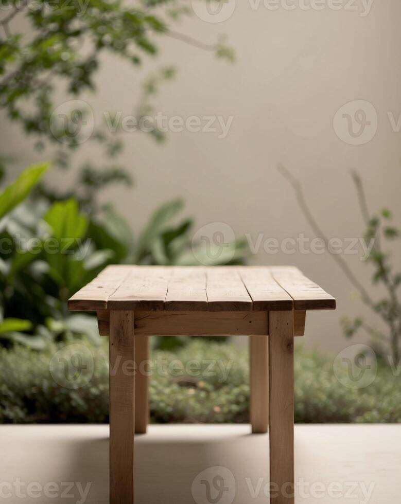 product display empty wooden table in nature background. photo