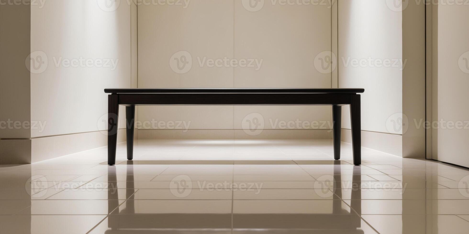Elegant wooden bench in a modern hallway with sleek tile flooring. photo