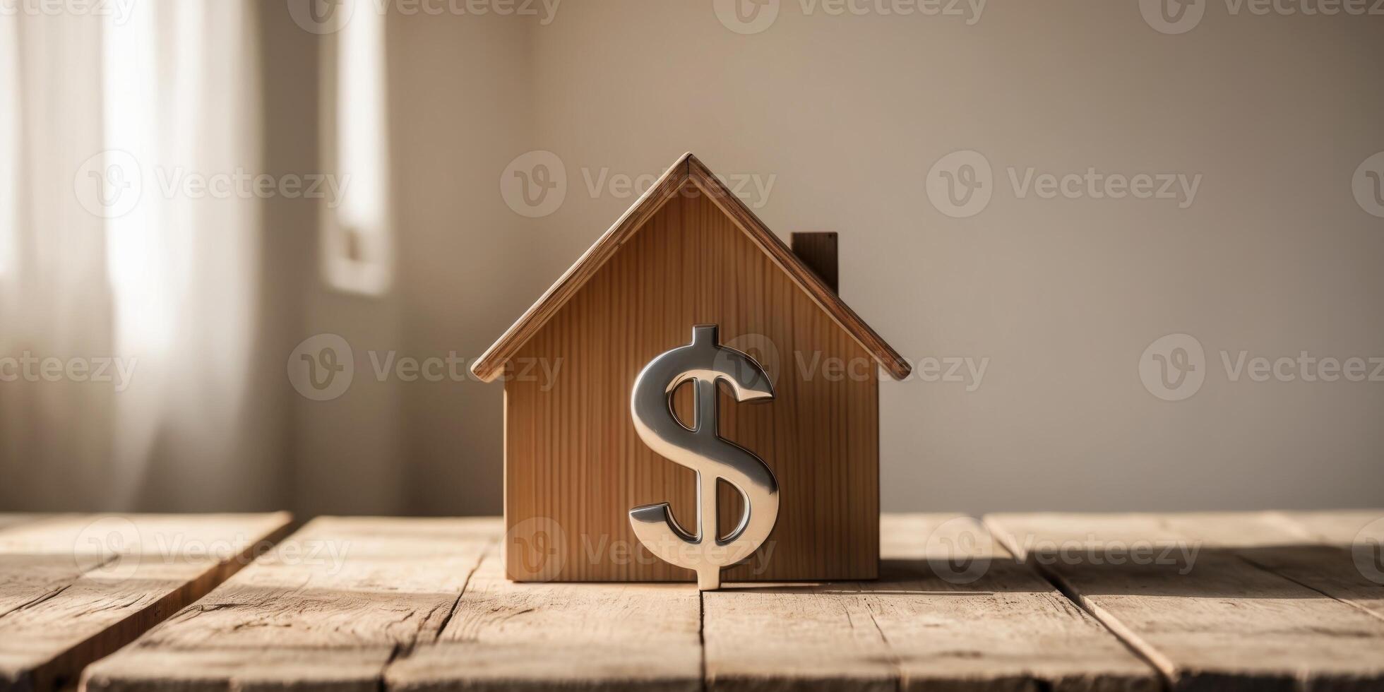 A wooden house and a dollar sign on a wooden table. photo