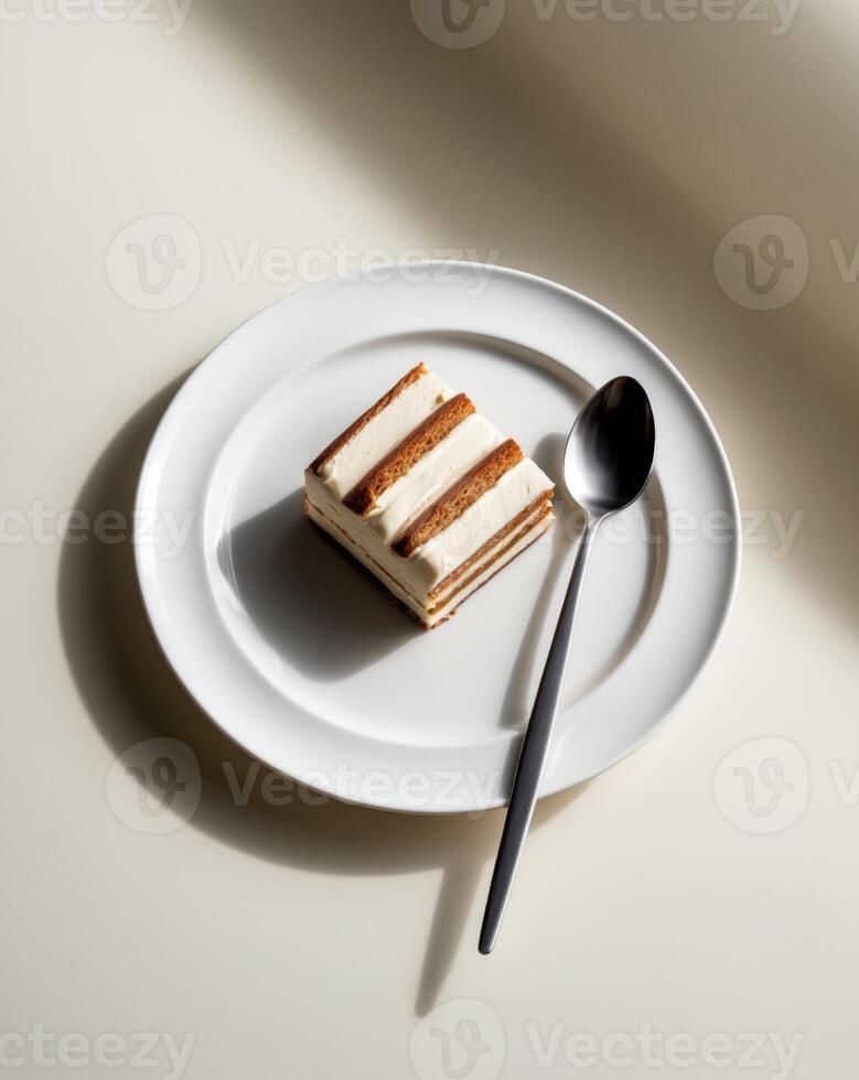 tiramisu on plate with spoon arranged perfectly with text space. photo