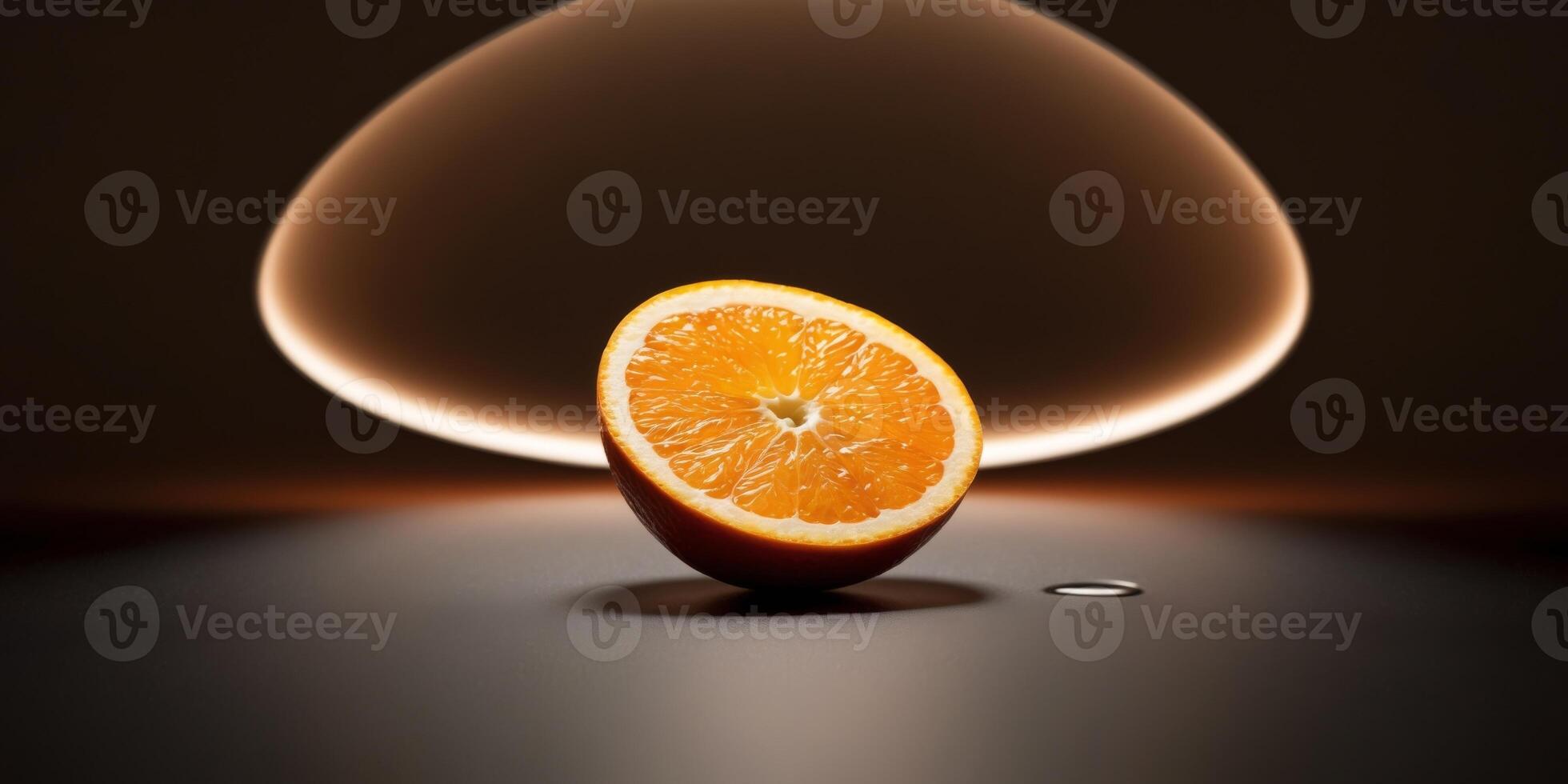 Fresh orange slice on dark background with spotlight. photo