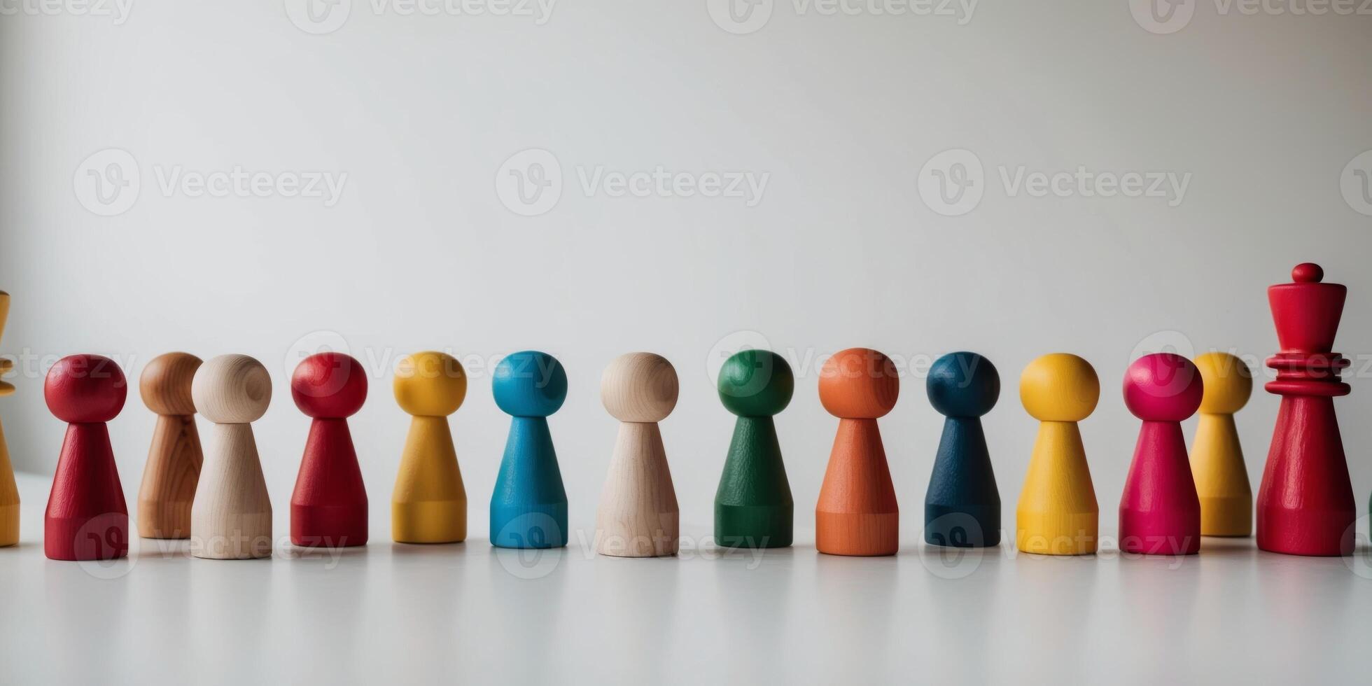 Colorful wooden pawns representing diversity and inclusion standing together. photo