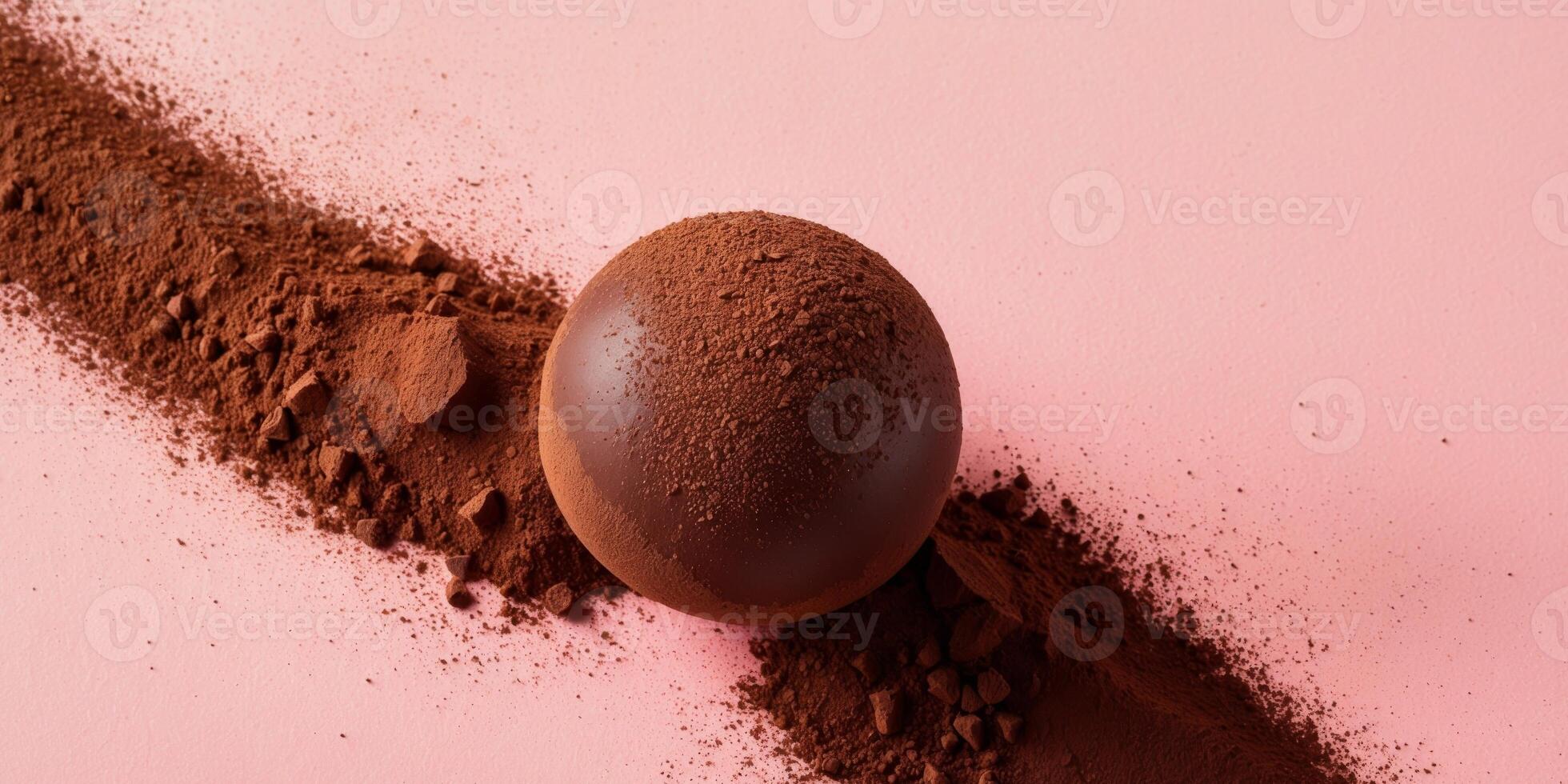 chocolate truffle with cocoa powder on pink background. photo