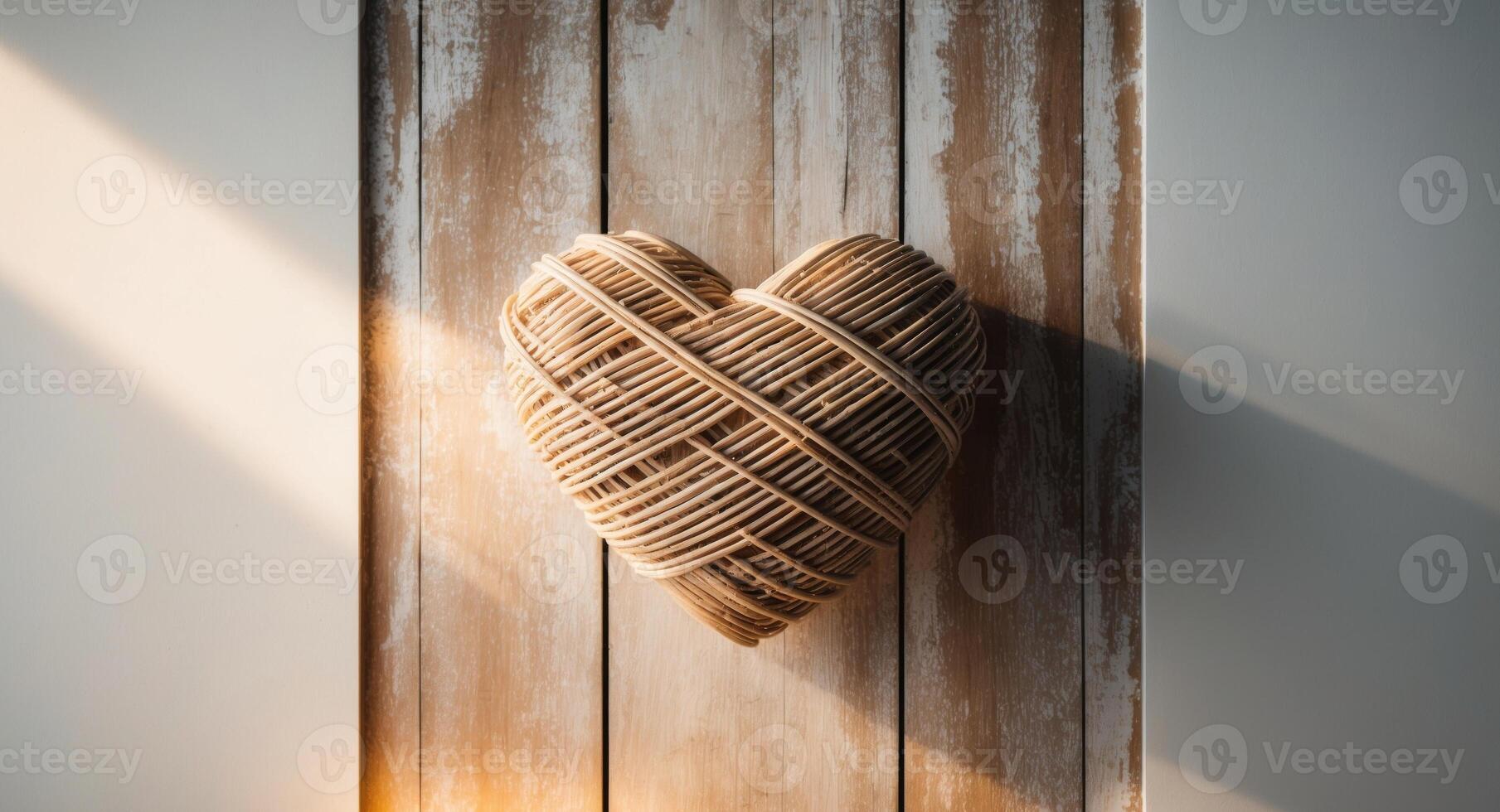 A woven heart shape on a rustic wooden background. photo